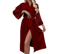 Bata larga mujer satén bordado tul kimono ligera, camisón suave, malla lunares, cinturón, elegante casa