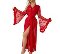 Bata larga mujer tul estampado floral kimono ligero malla transparente con plumas y cinturón ajustable