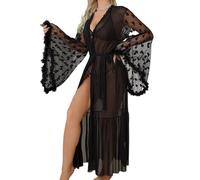 Bata larga mujer tul estampado floral kimono ligero malla transparente con plumas y cinturón ajustable