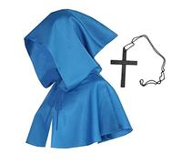 Bata medieval con capucha de fraile + bata de sacerdote renacentista cruzado mago, disfraz de Halloween y cosplay (azul)