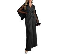 Bata mujer satén kimono tul manga encaje transparente sexy ligera con plumas, camisón elegante lencería casa