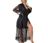 Bata mujer satén larga, kimono con tul estampado, manga larga, escote V, bata ligera transparente para casa