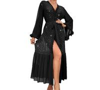 Bata mujer tul brillante con plumas, manga larga, cinturón, kimono transparente ligero, bata elegante para baño