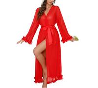 Bata mujer tul estampada flores, kimono satén manga encaje, ropa noche transparente suave con cinturón