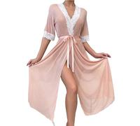Bata mujer tul midi transparente, kimono manga encaje, escote V, cinturón, lencería sexy, ropa de dormir suave