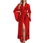 Bata mujer tul transparente kimono largo manga escote profundo con plumas y cinturón ajustable elegante