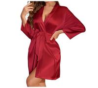 Bata Mujer Verano Largo Bata Saten Mujer Bata Novia y Dama de Honor Bata Seda Mujer Sexy Kimono Bata con Bolsillos Ropa de Casa Sencilla Ropa Casual para El Hogar de Mujer