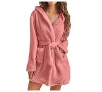 Bata mullida de talla grande para mujer - Albornoz térmico de invierno con cinturón | Ropa de descanso de toalla súper suave, albornoces de baño de color sólido, batas de baño de toalla, rosa, L