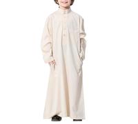Bata musulmana Jubba Kaftán de color sólido Thobe para niño, ropa de oración media, algodón, una sola capa, color blanco, longitud de Dhoti, vestido Jalabiya para niño, beige, 13-14 años