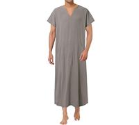Bata musulmana Thobe Jubba Kaftan Abaya para hombre, manga corta, cuello en V, con bolsillos delanteros, ligera, holgada, ropa árabe islámica, vestido tradicional para oración, Ramadán Eid, gris, XL