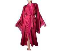 Bata para mujer, ligera, larga, de satén, para sauna, ligera, fina, de encaje, albornoz con parte delantera abierta, cinturón de seguridad, pijama elegante, bata de dormir, bata de dormir, Vino, L