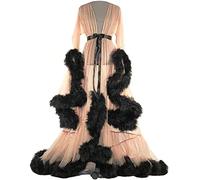 Bata para Mujer Transparente, Túnica de Plumas Lencería Sexy, Robe Mangas Negligee Sexy Decoradas con Plumas, Camisón de Malla Transparente con Ribete de Volantes,Beige