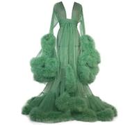 Bata Plumas Sexy Transparente para Mujer Vestido Largo Encaje Kimono Pijama Fiesta Pijama Tul Manga Larga para Mujer Pijama con Decoración Volantes,Verde