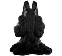 Bata Plumas Sexy Transparente para Mujer Vestido Largo Encaje Kimono Pijama Fiesta Tul Manga Larga con Decoración Volantes, Negro