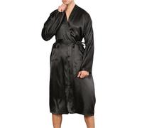 Bata Seda Mujer Men's Solid Color Satin Robe Soft Long Sleeve Bathrobe With Belt Loose Home Sleepwear Loungewear(Black,XXL)