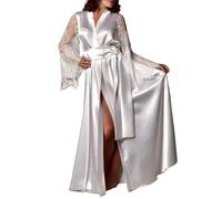 Bata Sexy Encaje Manga Larga Mujer Lencería Tipo Kimono Patchwork Encaje Satín Camisón Albornoz Cinturón Cárdigan Fiesta Nupcial Trajes Baño (FR/ES, Letras, Talla única, Regular, Regular, Blanco)
