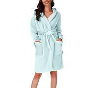 Bata suave y acogedora con capucha para mujer, bata corta de invierno de forro polar térmico con bolsillos, bata ligera y suave, color liso, bata de baño con capucha