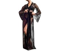 Bata Tipo Kimono Largo Encaje Transparente Lenceria Mujer Albornoz Sexy con Cinturón Satén Vestido Kimono Playa Manga Larga Camisón Ropa Dormir (FR/ES, Letras, Talla única, Regular, Regular, Negro)