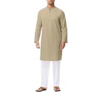 Bata tradicional Henley de manga larga de algodón para hombre, caqui, XXL
