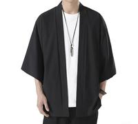 Bata tradicional Yukata para hombre, abrigo tipo kimono, manga 3/4, cárdigan (L, negro)