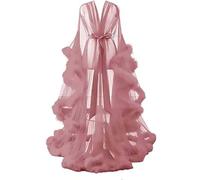 Bata Transparente De Tul para Mujer con Plumas Y Encaje Kimono De Noche Elegante Robe Boudoir Novia Manga Larga C One Size
