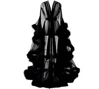 Bata Transparente De Tul para Mujer con Plumas Y Encaje Kimono De Noche Elegante Robe Boudoir Novia Manga Larga K One Size