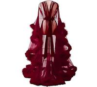 Bata Transparente De Tul para Mujer con Plumas Y Encaje Kimono De Noche Elegante Robe Boudoir Novia Manga Larga I One Size