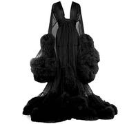 Bata Transparente De Tul para Mujer con Plumas Y Encaje Kimono De Noche Elegante Robe Boudoir Novia Manga Larga G One Size