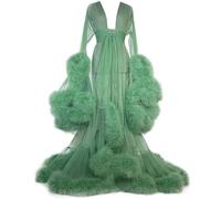 Bata Transparente De Tul para Mujer con Plumas Y Encaje Kimono De Noche Elegante Robe Boudoir Novia Manga Larga Lencería A One Size