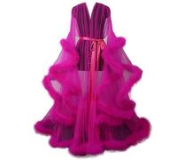 Bata Transparente De Tul para Mujer con Plumas Y Encaje Kimono De Noche Elegante Robe Boudoir Novia Manga Larga D One Size