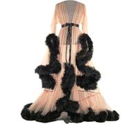 Bata Transparente De Tul para Mujer con Plumas Y Encaje Kimono De Noche Elegante Robe Boudoir Novia Manga Larga E One Size