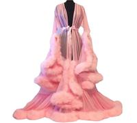 Bata Transparente De Tul para Mujer con Plumas Y Encaje Kimono De Noche Manga Larga Robe Boudoir Elegante Lencería F One Size