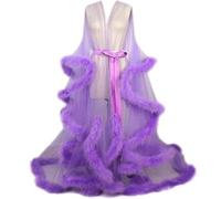 Bata Transparente De Tul para Mujer con Plumas Y Encaje Kimono De Noche Manga Larga Robe Boudoir Elegante Lencería B One Size