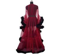 Bata Transparente De Tul para Mujer con Plumas Y Encaje Kimono De Noche Manga Larga Robe Boudoir Elegante Lencería H One Size
