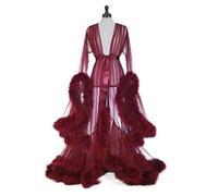 Bata Tul para Mujer Lencería Nupcial Albornoz Seda con Plumas Sexy Hollywood Antiguo Camisón Encaje Transparente para Sesión Fotos (Color : Wine Red, Size : One Size)