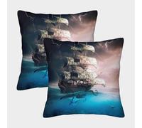 Batalla del Barco Pirata Fundas Cojines para Sofá 2 Piezas Arte Funda De Almohada Modernos Decorativo Almohada Funda De Almohada Cama Hogar Coche 40x40cm