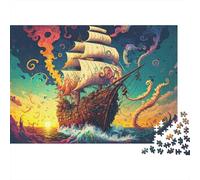Batalla Naval Fantasía Rompecabezas Grueso 1000 Piezas Adultos Barco Pirata Tentáculos Atardecer Olas Premium Resistente Vibrante Desafiante Difícil Alivio Estrés 70x50cm/1000pcs