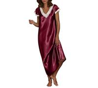 Batas de Casa Mujer - Vestido de Dormir Largo de Satén de Verano para Holgado de Manga Corta con Escote En V Y Ribete de Encaje para Estar En Casa Y Usar (Red XXL)