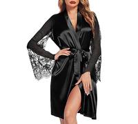 Batas Mujer Invierno - Home Lencería de Encaje de Manga Larga Camisón de Seda de Imitación de Hielo Pijamas para (Black XXXL)