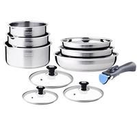 ARTHUR MARTIN - Juego de Cocina de 10 Piezas en Acero Inoxidable, Cacerolas y Sartenes Antiadherentes, Tapas, Utensilios Incluidos, Compatible con Todas las Fuentes, Mango Extraíble, Acabado Satinado