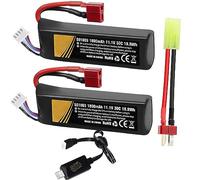 Batería 1800 mAh 30 C 11,1 V LIPO Airsoft Conector en T con cargador USB Enchufe T a cable Mini Tamiya compatible con Airsoft Gel Pilas Recargables para Blaster de Perlas de Agua Accesorios 2 unids