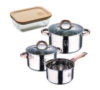 Bateria 5pc acero inoxidable ø16ø18ø20, aptas para inducción+ bergner naturally hermético de 650ml en vidrio de borosilicato 9.5 cm