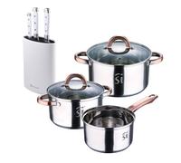 Bateria 5pc acero inoxidable ø16ø18ø20, aptas para inducción+ bergner naturally juego de 3 cuchillos de acero inoxidable + tacoma en color blanco 16 cm