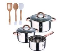 Bateria 5pc acero inoxidable ø16ø18ø20, aptas para inducción+ bergner naturally juego de 3 utensilios de cocina en silicona y madera 20 cm