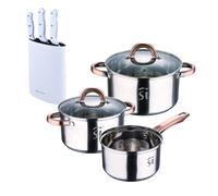 Bateria 5pc acero inoxidable ø16ø18ø20, aptas para inducción+ bergner naturally set de 3 cuchillos con tacoma en acero inoxidable