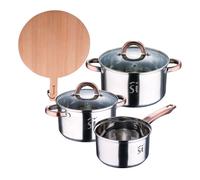 Bateria 5pc acero inoxidable ø16ø18ø20, aptas para inducción+ bergner naturally tabla de corte redonda de 38x28x1,5cm en madera de haya