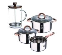 Bateria 5pc acero inoxidable ø16ø18ø20, aptas para inducción+ cafetera de émbolo de vidrio borosilicato 15,8x10x18,8cm noia san ignacio