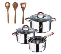 Bateria 5pc acero inoxidable Ø16Ø18Ø20, aptas para inducción+ San Ignacio AGROS Set 3pc utensilios cocina madera acacia