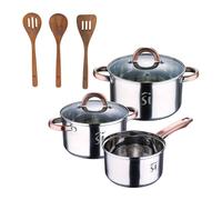 Bateria 5pc acero inoxidable ø16ø18ø20, aptas para inducción+ san ignacio agros set 3pc utensilios cocina madera acacia 18 cm