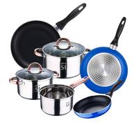 Bateria 5pc acero inoxidable Ø16Ø18Ø20 con 2 tapas de vidrio, y Set 3 sartenes Ø16/20/24 cm, aluminio prensado, set apto para inducción
